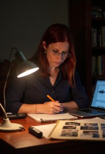 Karina analizando los resultados de una investigación paranormal.
