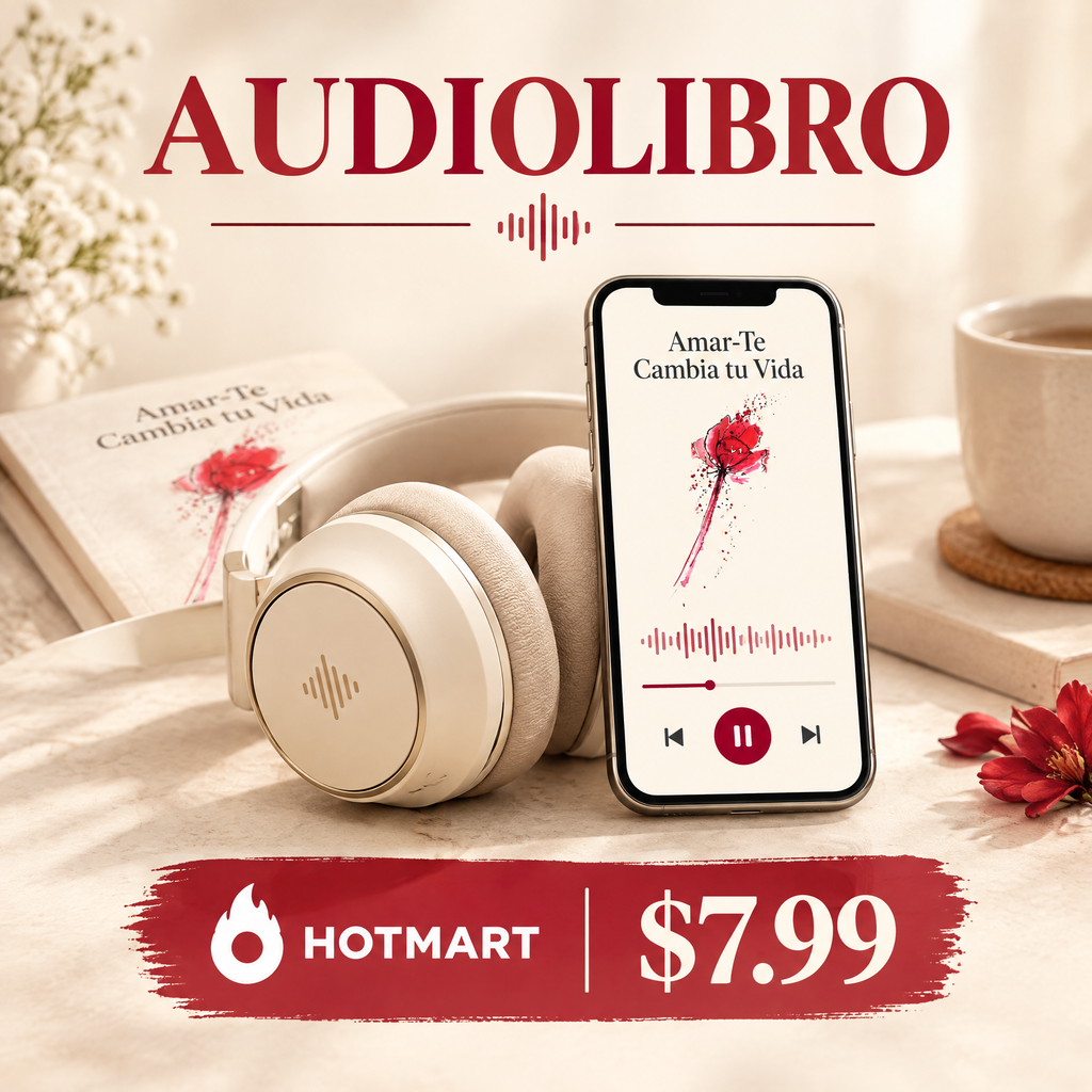 Presentación del audiolibro “Amar-Te Cambia tu Vida”, con auriculares, teléfono móvil, reproductor de audio y onda sonora. Disponible en Hotmart por $7.99.